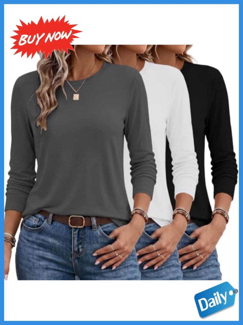 3 Pack Womens Long Sleeve Thermal Tops Crew Neck T Shirts Layering